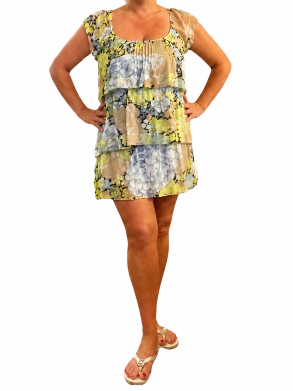 GUESS by Marciano Silk Pastel Floral Tiered Ruffle Flutter Slv Mini Dress Medium